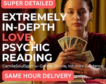 May include: An image promoting a psychic reading service. Text includes "SUPER DETAILED", "EXTREMELY IN-DEPTH LOVE PSYCHIC READING", and "SAME HOUR DELIVERY". A woman holds tarot cards near a lit candle. The service is by CamilaSoulSpirit.
