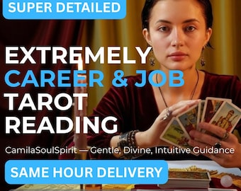May include: An image promoting a tarot reading service. Text includes "SUPER DETAILED," "EXTREMELY CAREER & JOB TAROT READING," and "SAME HOUR DELIVERY." The image features a person holding tarot cards.