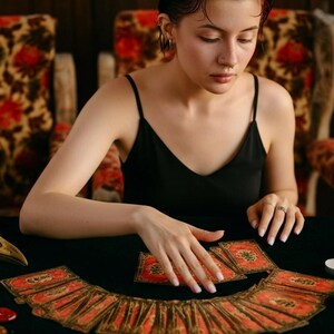 May include: A person in a black top is arranging tarot cards on a black surface. The cards have red and gold designs. A bird skull, candles, and a candelabra are also on the table. The background includes patterned chairs.
