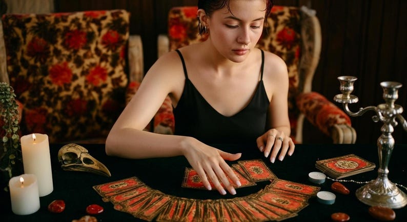 May include: A person in a black top is arranging tarot cards on a black surface. The cards have red and gold designs. A bird skull, candles, and a candelabra are also on the table. The background includes patterned chairs.