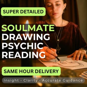 May include: An image promoting a psychic reading service. Text includes "SUPER DETAILED", "SOULMATE DRAWING PSYCHIC READING", and "SAME HOUR DELIVERY". A person is drawing on paper with a pencil, with a lit candle in the background.