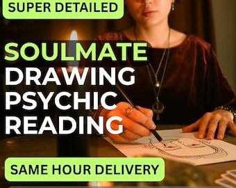 May include: An image promoting a psychic reading service. Text includes "SUPER DETAILED", "SOULMATE DRAWING PSYCHIC READING", and "SAME HOUR DELIVERY". A person is drawing on paper with a pencil, with a lit candle in the background.