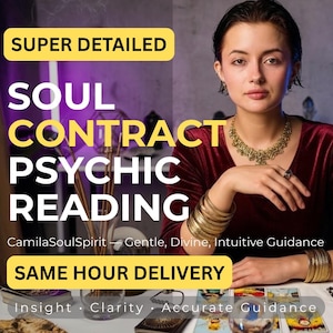 Pode incluir: Imagem que promove um serviço de leitura psíquica. O texto inclui "SOUL CONTRACT PSYCHIC READING" e "SAME HOUR DELIVERY". Apresenta uma mulher com joias e pulseiras, com cartas de tarot visíveis.