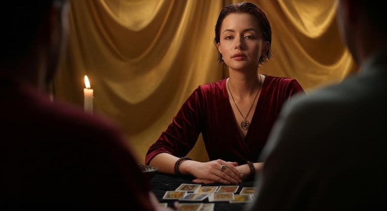 May include: A woman in a burgundy velvet top sits at a table with tarot cards, facing two people. A lit candle and gold drapery are in the background. She wears a necklace and bracelets. The scene suggests a fortune-telling or spiritual reading.