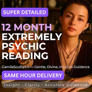 May include: An image promoting a psychic reading service. The text reads "SUPER DETAILED", "12 MONTH EXTREMELY PSYCHIC READING", and "SAME HOUR DELIVERY". The image features a person with multiple necklaces.