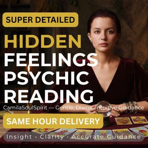 May include: An advertisement for a psychic reading. The image features a woman in a burgundy dress, tarot cards, and a crystal ball. Text includes "Hidden Feelings Psychic Reading" and "Same Hour Delivery."