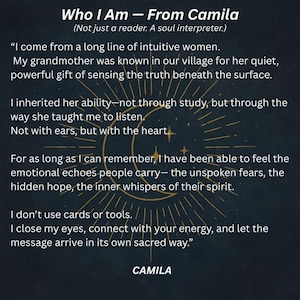 May include: Dark background with text: "Who I Am - From Camila" and a quote about intuition and sensing truth. Includes a crescent moon and star design. The author's name, Camila, is at the bottom.