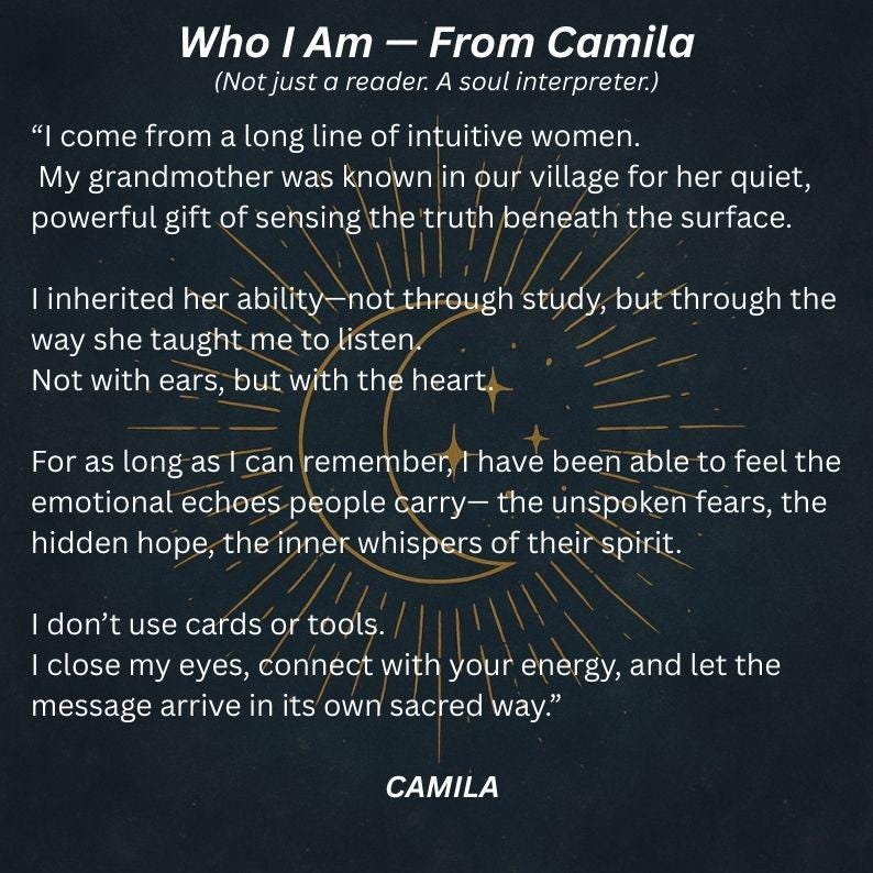 May include: Dark background with text: "Who I Am - From Camila" and a quote about intuition and sensing truth. Includes a crescent moon and star design. The author's name, Camila, is at the bottom.