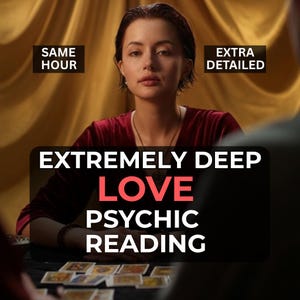 Può includere: Una persona con capelli scuri corti indossa un top in velluto rosso scuro ed è seduta a un tavolo con carte dei tarocchi. Il testo recita: SAME HOUR, EXTRA DETAILED, EXTREMELY DEEP LOVE PSYCHIC READING. L'espressione del viso è neutra.