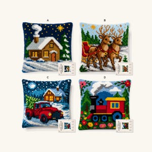 Kit de coussin à crocheter motif de Noël, toile pré-imprimée en couleur et fil prédécoupé, 4 motifs de fêtes, 43 x 43 cm