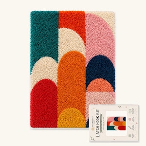 Retro Geometric Latch Hook Rug Kit, Pre-Printed Color Canvas & Pre-Cut Yarn, 4 Colorful Designs, 20.5 x 15 in / 52 x 38 cm