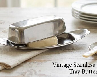 Vintage Mid Century Modern Covered Butter Dish | Stainless Steel Chrome Plated Server | Sleek Boat Shaped Design | 8.5" Long Kitchenware