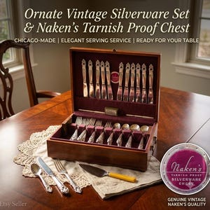 May include: A vintage silverware set in a wooden tarnish-proof chest with maroon lining. The set includes ornate knives, forks, and spoons. Text on the chest reads: Ornate Vintage Silverware Set & Naken's Tarnish Proof Chest, Chicago-Made.