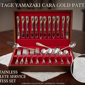 Vintage Yamazaki Cara Gold Flatware Set 18/8 Stainless in Wooden Chest