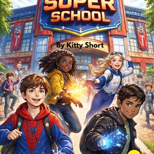 Puede incluir: Ilustración de la portada del libro "Super School" con un edificio escolar y cuatro jóvenes superhéroes. El nombre del autor, "By Kitty Short", está presente. La imagen tiene un estilo de cómic vibrante.