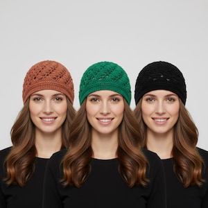 May include: Three crochet beanies in shades of brown, green, and black. Each beanie has a textured, openwork design. The models are wearing black tops and have long brown hair.