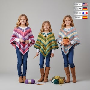 Best Granny Stitch Crochet Poncho Pattern PDF For 8 -10 Year Girl Easy Boho Triangle Shawl Poncho Beginner Friendly Crochet Pattern Download