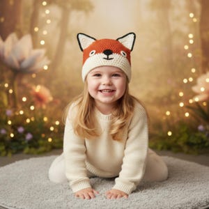 May include: A smiling child wearing a crocheted fox hat with orange, white, and black details. The child is also wearing a cream-colored sweater and pants. The background features a soft, blurred forest scene with bokeh lights.