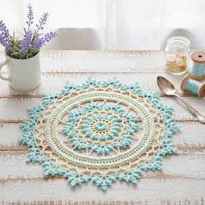 May include: A circular, crocheted doily in pale blue and cream. The doily has an intricate, openwork pattern and a scalloped edge. It sits on a distressed, white wooden surface, evoking a vintage or rustic feel. The doily's diameter is approximately 30 cm.