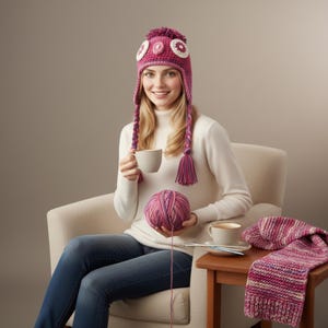 May include: A woman wearing a pink and white crocheted hat with ear flaps and tassels, holding a ball of yarn. A matching scarf and a cup of coffee sit on a small wooden table. The hat has a whimsical design.