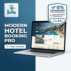 Puede incluir: Un ordenador portátil plateado muestra una interfaz de sitio web de reservas de hotel con un calendario e imágenes de resorts. La pantalla muestra el texto "Azure Coast Resort" y "Luxury Boutique Hotel". La imagen también incluye el texto "MODERN HOTEL BOOKING PRO" y "1 Year License".