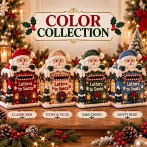 Può includere: Quattro cassette delle lettere all'uncinetto a forma di casa con figure di Babbo Natale sopra. Ogni scatola presenta la scritta Letters to Santa, una fessura a righe, una ghirlanda e piccoli alberi. Colori: rosso classico, avorio, beige, verde salvia e blu.