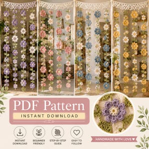 May include: A digital PDF pattern for a crochet flower garland featuring vertical strands of purple, pink, blue, and yellow flowers with green leaves. The image includes text reading PDF Pattern Instant Download, Beginner Friendly, Step-by-Step Guide, and Easy to Follow.