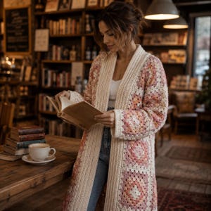 May include: A long, open-front crochet cardigan in cream, peach, and pink tones. The cardigan features a geometric pattern and is worn by a person reading a book. A coffee cup and books are on a wooden table.