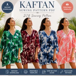 Op de afbeelding: Een digitaal naaipatroon voor een kaftan, met vier variaties van het kledingstuk met verschillende blad- en abstracte patronen in groen, bordeauxrood, blauw en koraal. De tekst luidt KAFTAN SEWING PATTERN PDF, DIY Sewing Pattern, Instant Download en Printable Template.