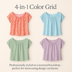 May include: Four short-sleeved tops in coral, light blue, green, and lavender. The coral top has a floral pattern, the light blue and lavender tops have a subtle dot pattern, and the green top is solid. The text "4-in-1 Color Grid" is at the top.