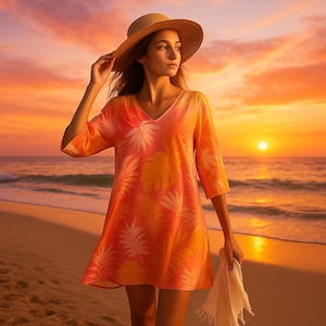 Op de afbeelding: Een oranje en roze strandjurk met een V-hals en een tropisch bladerpatroon. De jurk heeft driekwart mouwen en wordt gedragen met een strohoed. De achtergrond toont een strandscène met een zonsondergang.