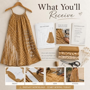 May include: A sewing pattern kit featuring a mustard yellow floral dress on a hanger, PDF pattern sheets, a step-by-step photo guide, a materials list, fabric swatches, and scissors. Text includes What You'll Receive, PDF Pattern, and Full Size Pattern.