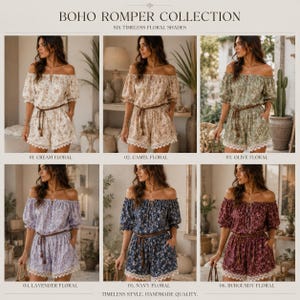 May include: A collection of six off-the-shoulder rompers featuring floral patterns in cream, camel, olive, lavender, navy, and burgundy. Each romper has puff sleeves, a tie waist, and lace trim at the hem. Text reads BOHO ROMPER COLLECTION.