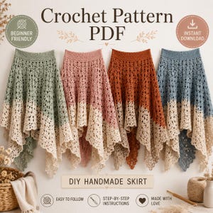 Peut inclure: Quatre jupes au crochet aux couleurs pastel : vert, rose, orange et bleu. Chaque jupe présente un motif ajouré avec un effet bicolore. Le texte "Crochet Pattern PDF" et "DIY Handmade Skirt" est visible. Le texte supplémentaire comprend "Beginner Friendly" et "Instant Download."