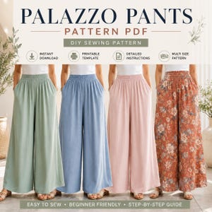 Może przedstawiać: Cyfrowy wykrój krawiecki na spodnie typu palazzo z napisem PALAZZO PANTS PATTERN PDF DIY SEWING PATTERN. Obraz przedstawia cztery pary spodni z szerokimi nogawkami w kolorze szałwiowej zieleni, jasnego błękitu, pudrowego różu oraz w kwiatowy wzór.