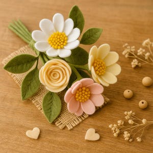 Op de afbeelding: Een handgemaakt vilten bloemenboeket met een witte madelief, een gele roos en een roze bloem met gele centra. Het boeket rust op een vierkant van jute met groene vilten bladeren. Kleine houten hart- en kraalaccenten maken de opstelling compleet.
