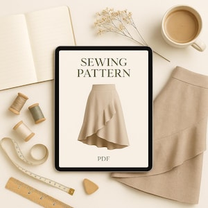 Puede incluir: Un patrón de costura digital para una falda beige con un dobladillo asimétrico con volantes se muestra en una tableta. El texto "SEWING PATTERN" está encima de la imagen de la falda y "PDF" está debajo. Accesorios de costura, un cuaderno y una taza de café rodean la tableta.