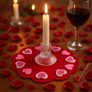 May include: A romantic scene with a lit candle in a glass holder on a red heart-shaped mat. Red rose petals and a glass of red wine are scattered on a wooden surface, creating a warm ambiance.
