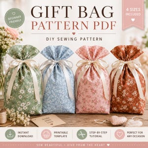 Molde para sacola de presente com cordão, modelo de bolsa de tecido reutilizável (download em PDF)