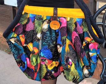 Fun, Whimsical Overnight or Weekend bag, Tote, Beach Bag, Gym Bag, Yoga Bag in fun Multicolored Parrot Fabric, with gold lining and accents.