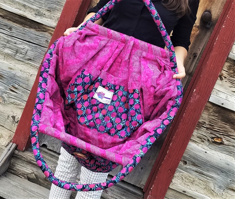 Purple and Fuschia batik fabric Large Overnight Bag Tote Bag Diaper or Yoga Bag in a Blue Commuter Bag Beach Bag Weekend Bag Gym