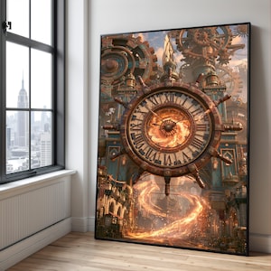 Könnte beinhalten: Ein gerahmter Wandkunstdruck mit einer großen Schiffslenker-Uhr mit römischen Ziffern. Die Mitte leuchtet in orangefarbenem Feuer, umgeben von komplizierten mechanischen Zahnrädern, industriellen Strukturen und einem goldenen Lichtschweif.