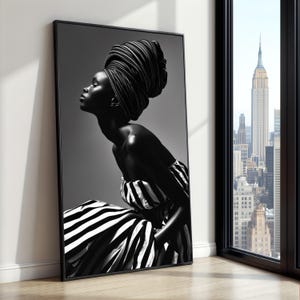 Elegant afrikansk kvinnas profilcanvas, svartvit porträttkonst, etnisk huvudbonad, väggdekor, modefotograficanvas, modernt hem
