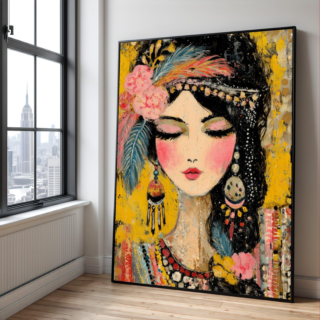 Bohemian Woman Portrait Canvas, Floral Feather Headpiece Ethnic Art - Etsy