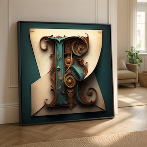 May include: Framed artwork featuring a teal and brown ornate letter "F" against a teal background. The letter has intricate scrollwork and a vintage aesthetic. The artwork is framed in a black border.