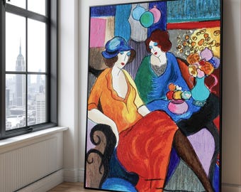 Itzchak Tarkay Art Print, Colorful Women Conversation Canvas, Modern Figurative Wall Art