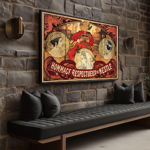 May include: A framed vintage advertisement featuring a central figure in a red robe, surrounded by portraits and ornate scrollwork. The text "HOMMAGE RESPECTUEUX DE NESTLE" is prominently displayed. The artwork is set against a brick wall above a black bench.