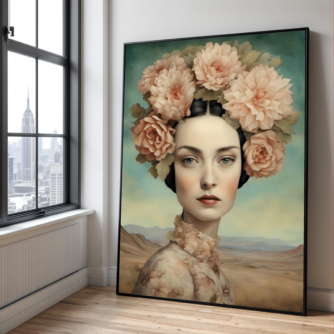 Elegant Woman Portrait Canvas, Floral Crown Wall Art, Surreal Beauty ...