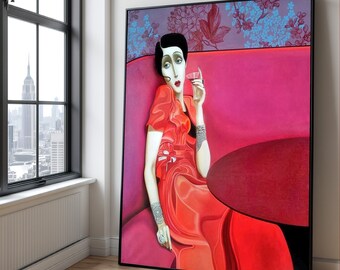 Woman in Red Dress Canvas Print, Vintage Bar Glamour Portrait - Etsy