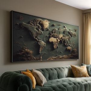 May include: A large, framed world map with a textured, three-dimensional appearance. The continents are rendered in shades of brown and beige, set against a dark green background. The map is mounted on a wall above a green sofa.
